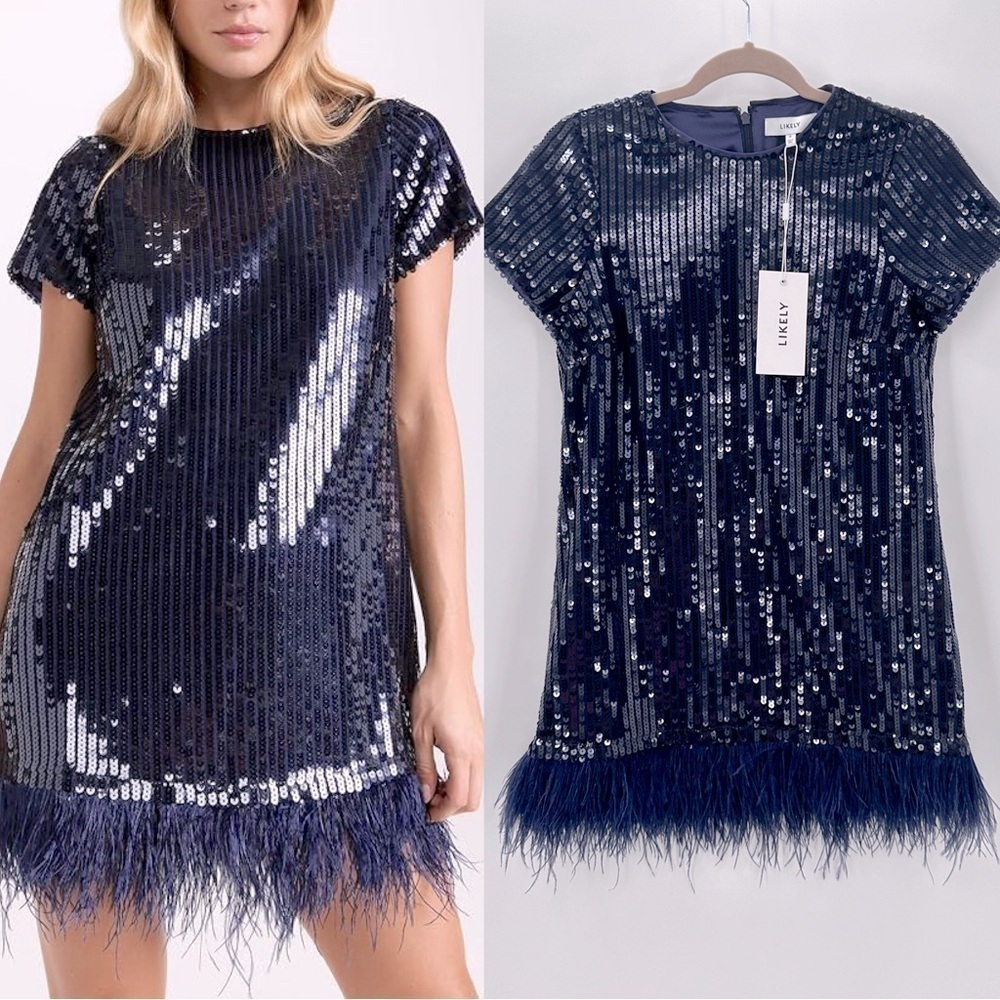 Likely Navy Sequin Feather Hem Shift Dress